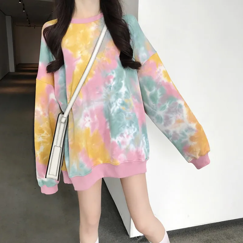 Краска для женщин толстовки свободные Crewneck Осень Корейская Толстовка Harajuku Повседневный пуловер бег kpop флис опрятный толстовки