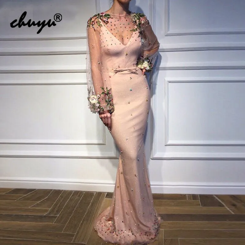 

Elegant Pink Muslim Evening Dresses Long Sleeves Flowers Appliques Islamic Dubai Saudi Arabic Evening Gown Prom Dress