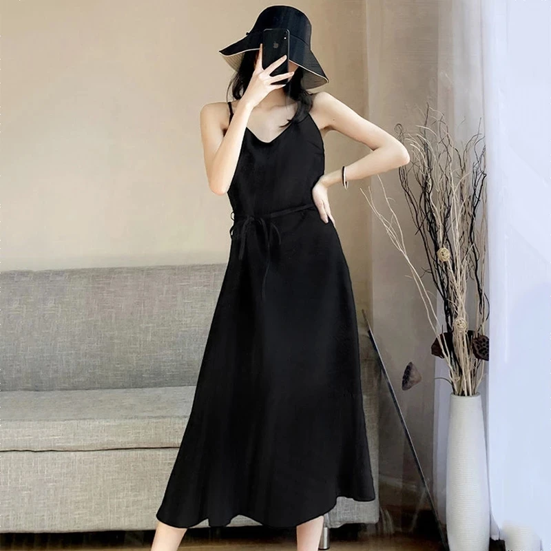 

AECU 2021 Summer Women Dress Cross Spaghetti Strap Solid Ladies Black Sashes Dress Women V Neck Long Party Club Dress