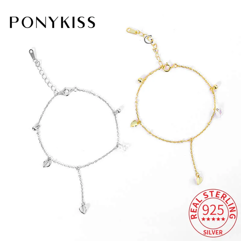 

PONYKISS модный S925 стерлингового серебра с кисточкой-сердцем циркон цепи браслеты из нержавеющей стали для женщин на годовщину, ювелирный аксе...