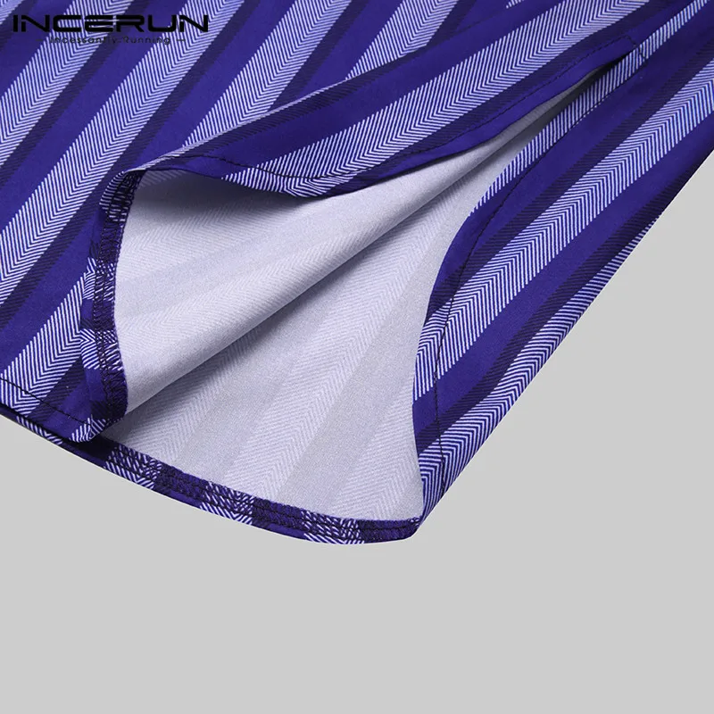 

Men Striped Robes Homewear Stand Collar Long Sleeve Loose Pockets Bathrobes Leisure Cozy Mens Sleepwear Nightgowns S-5XL INCERUN