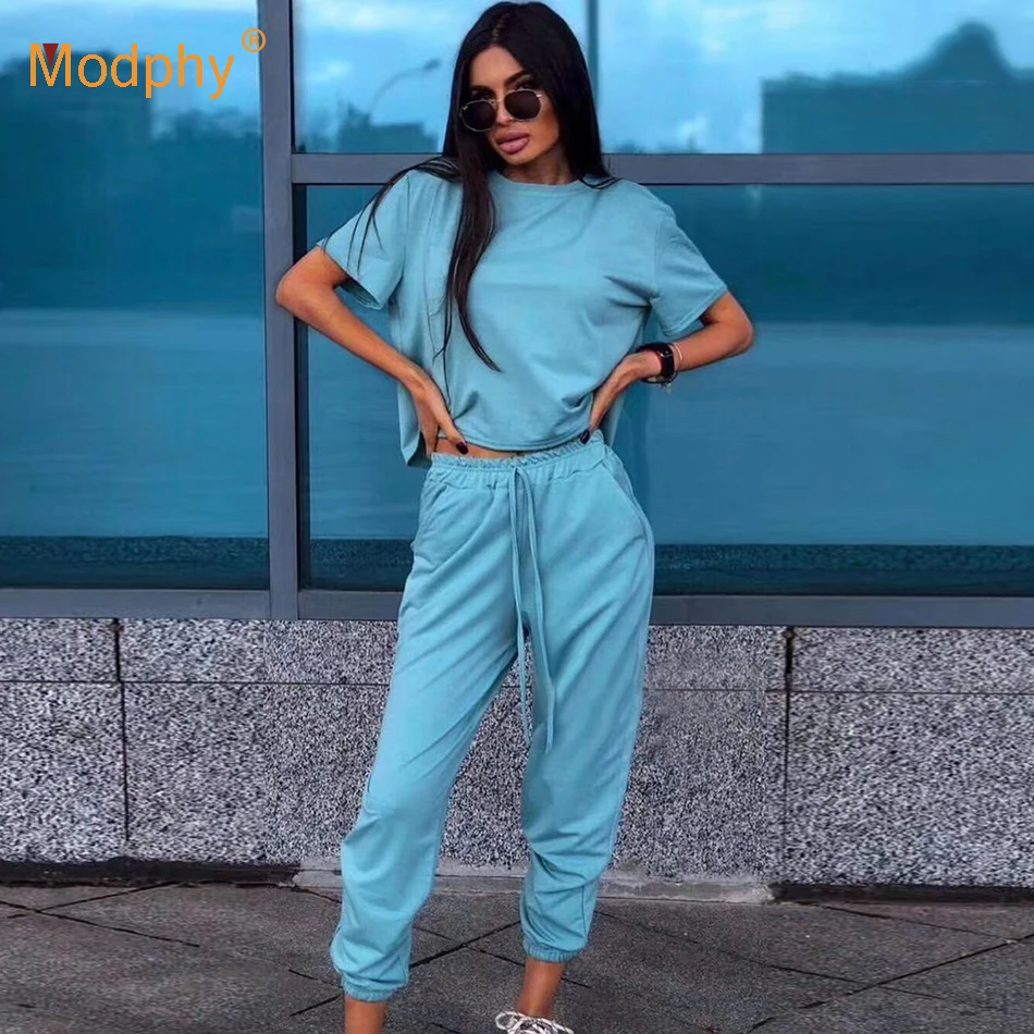 

Solid color loose Two Piece Tracksuit Women's Set Casual T shirt High Waist Pants Sports Suits Female 2021 Summer Lady Sets