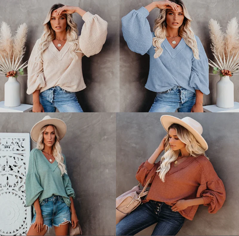 

HKCP Fashion Knitted Sweater Casual V-Neck Full Regular Pullovers Lantern Sleeve Polyester Sweater Womens Autumn 2020