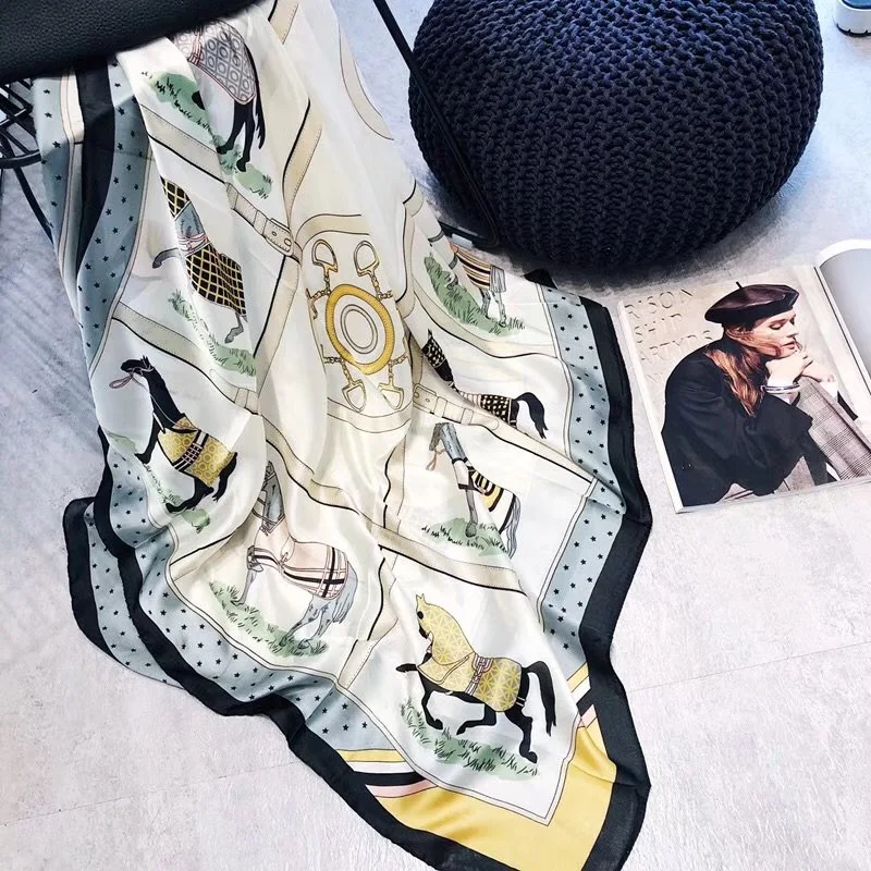 Модный женский шарф роскошный брендовый шелковый с принтом на цепочке