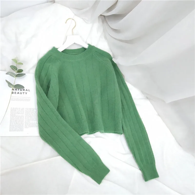 

Autumn Winter Women's Sweater Korean Style Pure Color Short Knit Pullover Sweater New Round Neck Female Sweaters Top GX288