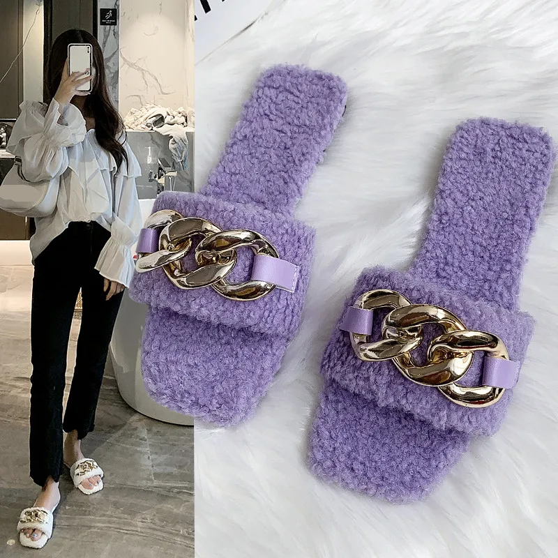 

Flat Shoes Female Home Slippers Women's Low Fur Flip Flops Slides Pantofle Flock Massage Plush 2021 Autumn PU with fur Rubber Ch