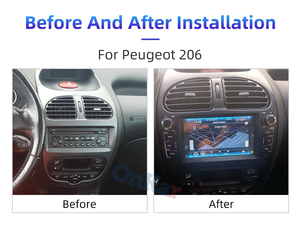 ONKAR Android 9,0 автомобильный dvd cd gps navgation система для peugeot 206 2000-2009 с 6,2 Дюймовым Сенсорным экраном wifi bluetoth радио