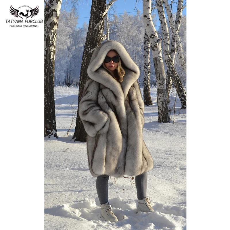 High Qulaity Natural Blue Fox Fur Coat Long Winter Fashion Women Real Fox Fur Overcoats With Hood Warm Fur Coats Female Luxury