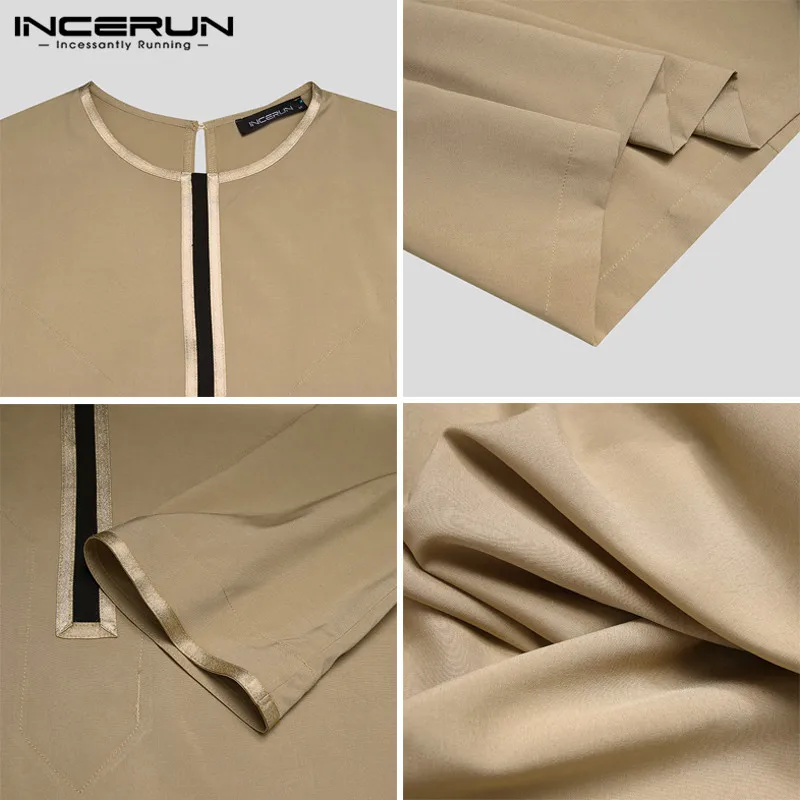

INCERUN Men Islamic Kaftan Arabic Patchwork 2021 Long Sleeve Caftan Robes Saudi Arabia Middle East Dubai Men Muslim Jubba Thobe