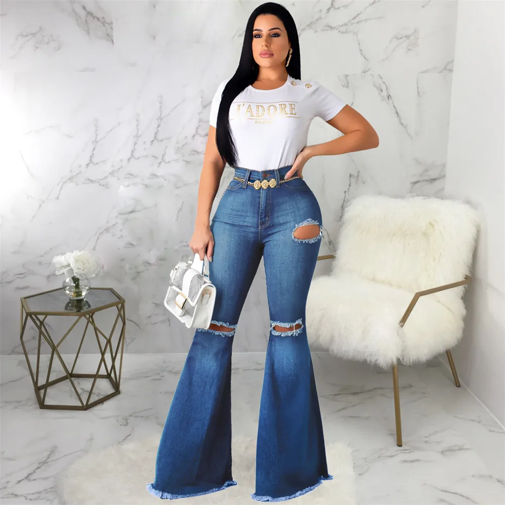 

Женские винтажные расклешенные джинсы с высокой талией, пикантные Брюки-клеш, модные рваные расклешенные брюки