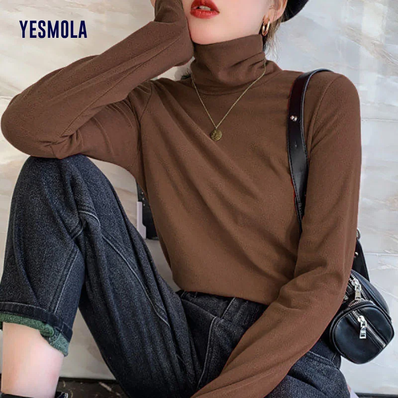 

YESMOLA, простая тонкая женская футболка с низом, сезон осень-зима 2021, однотонная женская футболка с высоким воротником и длинными рукавами, жен...