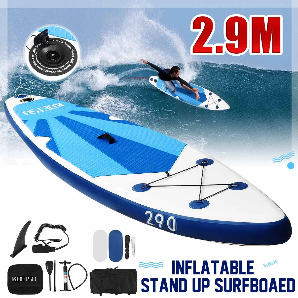 

290x76x15cm Inflatable Surfboard Stand Up Paddle Board Carry Sling Surfboarding Kayak Surf Set with Backpack Pump Accessories
