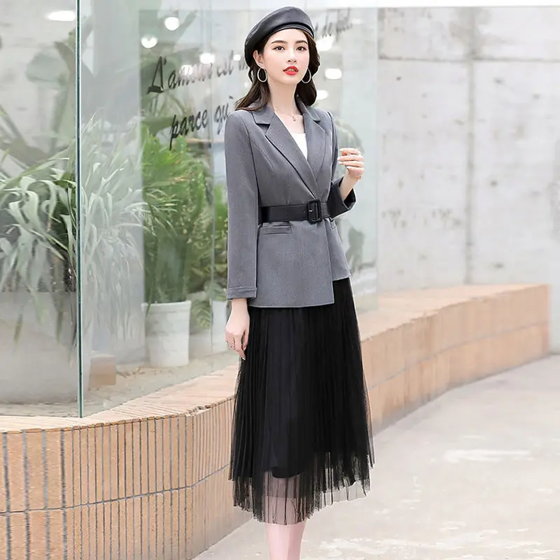 

2021 New Women 2 Piece Set Mesh Skirt Autumn Temperament Elegant Style Long Sleeve Suit Tops Middle Long Skirts Fashion Y456