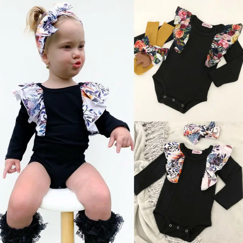 2019 Самые новые горячие новорожденные дети Девочки Рюши Флоральное плечо 2 шт. Тельняшки Комбинезон Наряды Кежуал Хлопковая одежда.