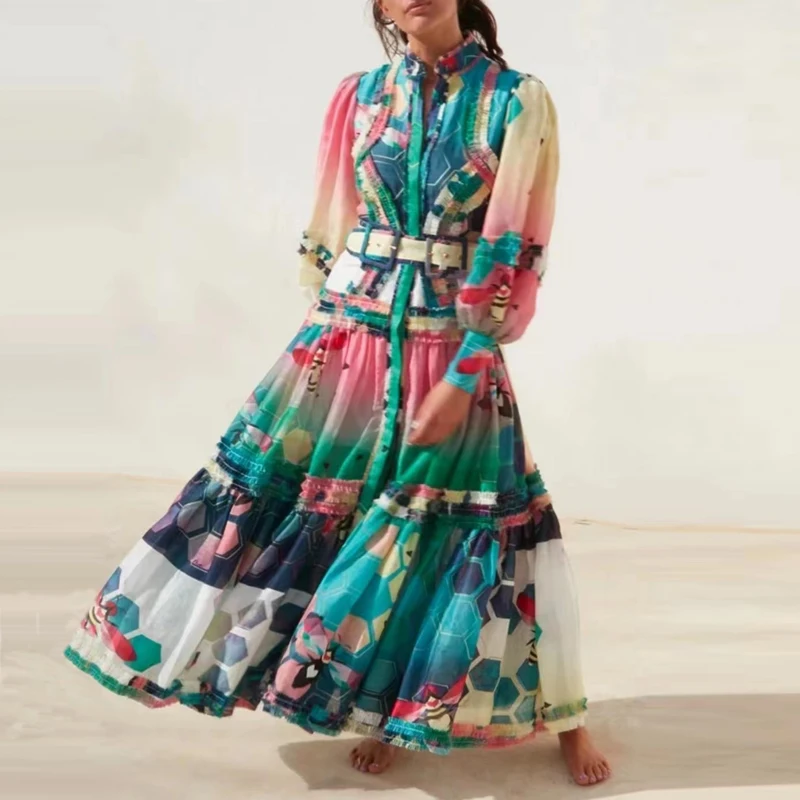 

Осеннее женское модное платье макси с длинным рукавом подиумное модное цветное платье с цветочным принтом 3D оборками и поясом элегантные в...