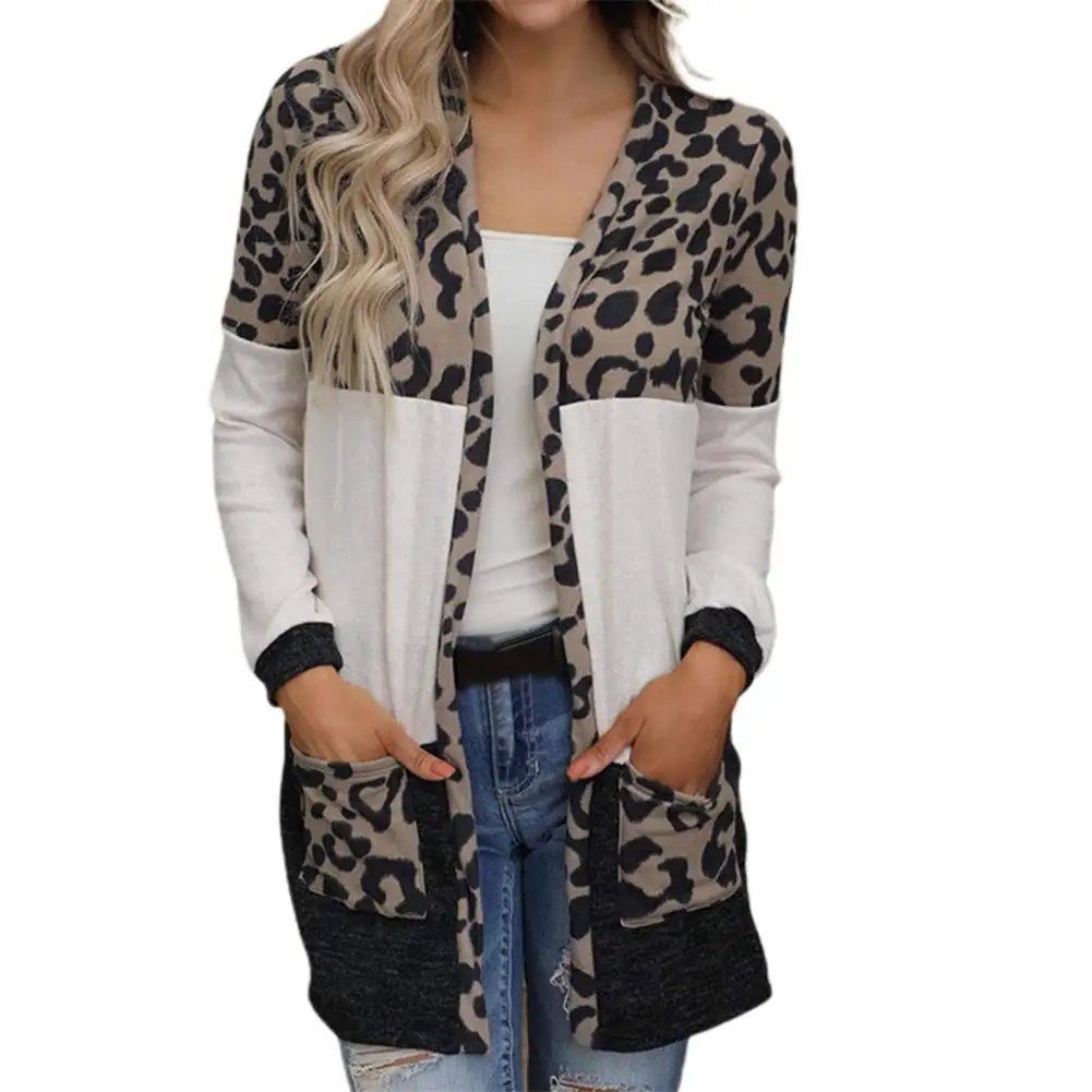 

Leopard Print Patchwork Women Cardigan Long Sleeves Autumn Knitted Open Stitch Sweater Coat Outerwear