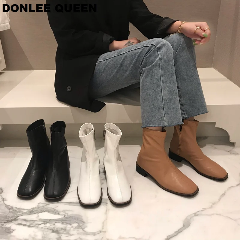 2019 Fashion Women Ankle Boots Flat Heel Square Toe Zipper Solid Female Shoes Casual Soft Black zapatos mujer | Обувь