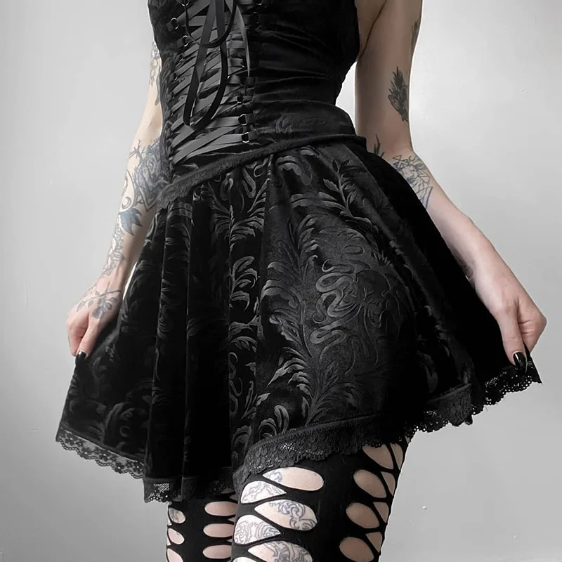 

Gothic Lace Trim Black Skirt Goth High Waist Mini Skirt Vintage Aesthetic A Line Women Skirts Grunge Darkness Outfits