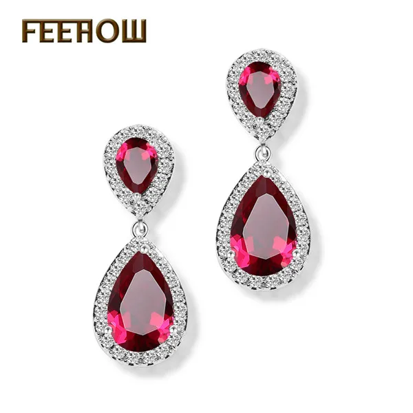 Red FEEHOW, модные элегантные свадебные ювелирные изделия, розовое золото, цветная слеза, кубический циркон, висячие серьги для женщин, Свадебная вечеринка FWEP091 - Окраска металла: Red
