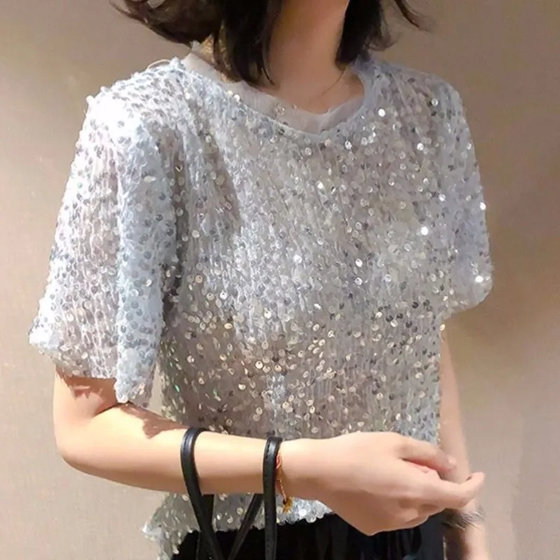 

Womens Sequined Top Ins super fire fashion Bling Shiny round neck short-sleeved T-shirt female loose thin bling glitter T-shirt