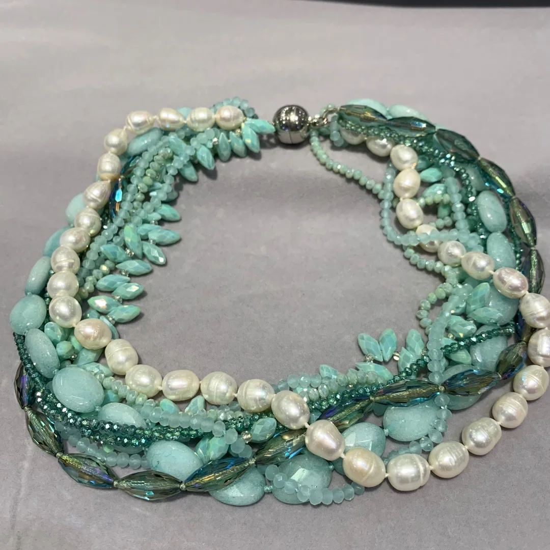 

Europe style natural fresh water pearl and semi-precious stone mixed necklace 50CM multi layers light blue color fashion jewelry