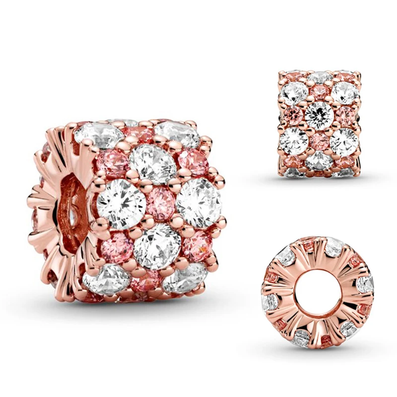 

Original 925 Sterling Silver Bead Rose Gold Pink With Crystal Beads Fit Pandora Women Bracelet & Necklace Diy Jewelry