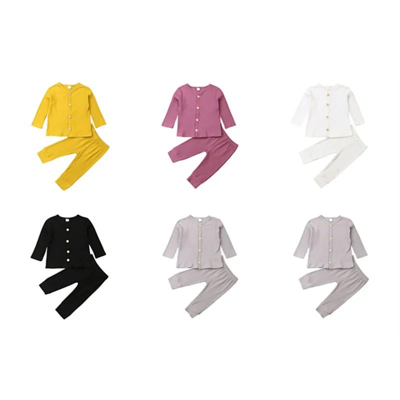 

Модный осенне-весенний однотонный трикотажный комплект одежды для новорожденных девочек и мальчиков Топ на пуговицах с длинным рукавом + б...