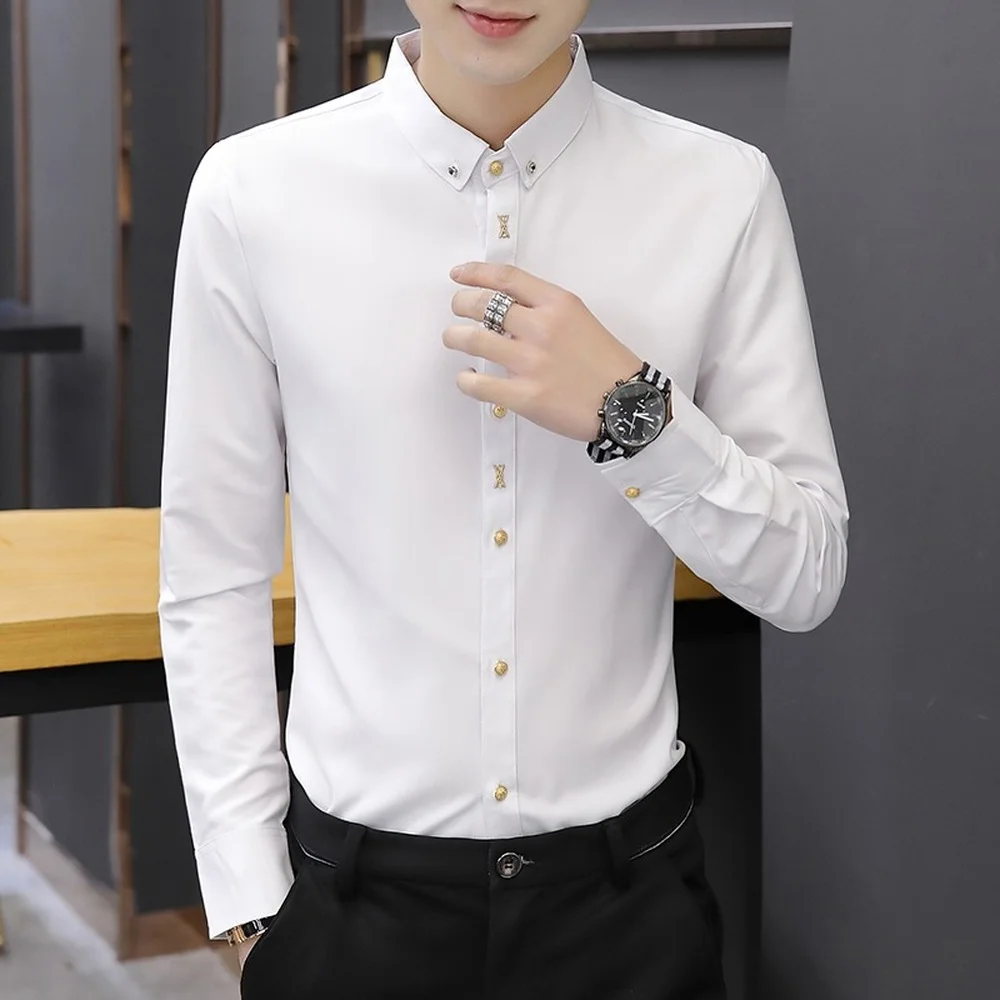 Men's Solid Shirt Metal Button Slim Fit Long Sleeve Chemise Homme Soft Comfort Men Clothing Tops Business Vintage Shirts Male