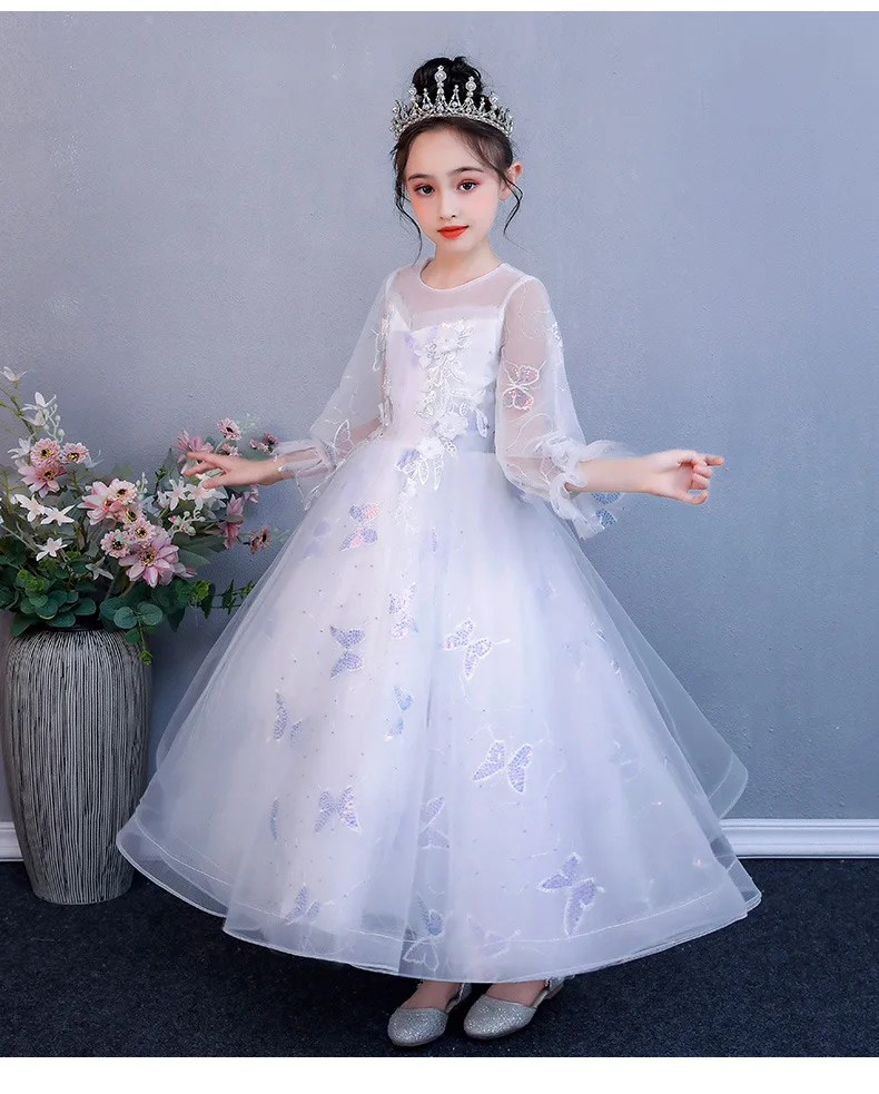 

Embroidery Lace Girls Wedding Dress Long Elegant Dress Prom Evening Bridesmaid princess Dress Children Baptism Formal Clothing