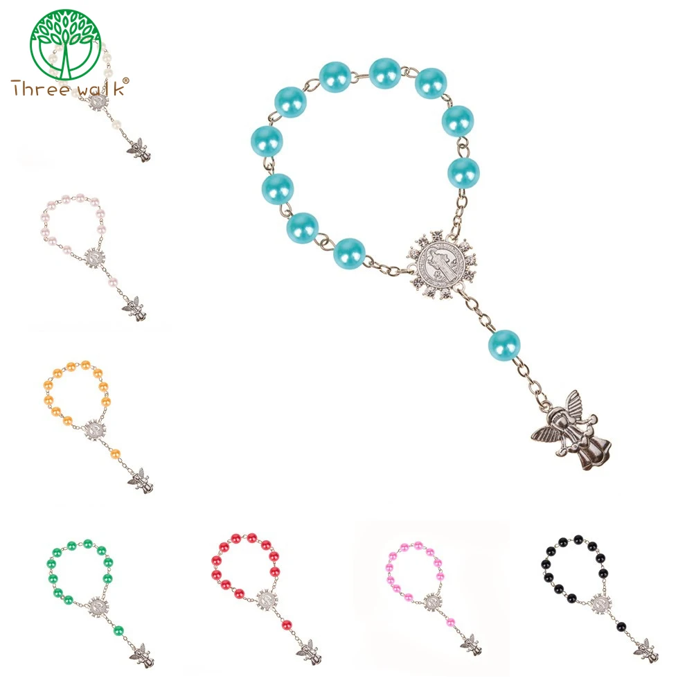 

10pcs Imitation Pearl Beads Catholic Rosary Catholic Holy Communion Angel Wings Crucifix Pendants Bracelet nice gift