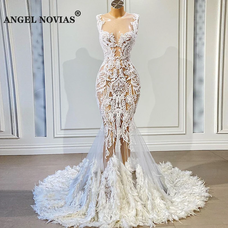 

ANGEL NOVIAS Long Elegant White Mermaid Lace Wedding Dresses 2021 with Feather Bridal Gown Vestido De Noiva