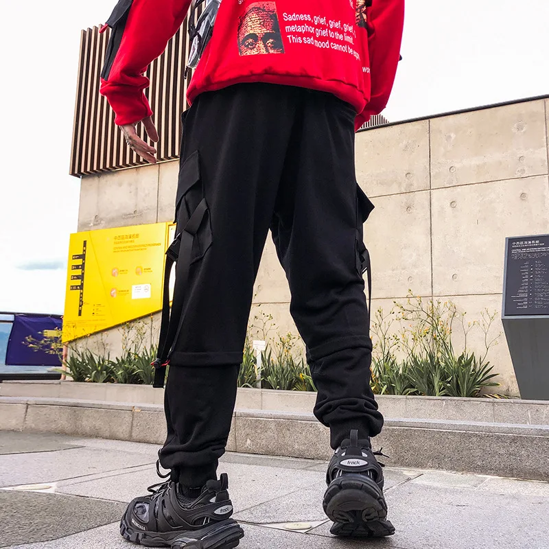

Streetwear Sweatpants Men Jogger Elastic Waist Pants Ribbon Fashion Mens Joggers Black Cargo Pants Casual Men Cargo Trousers