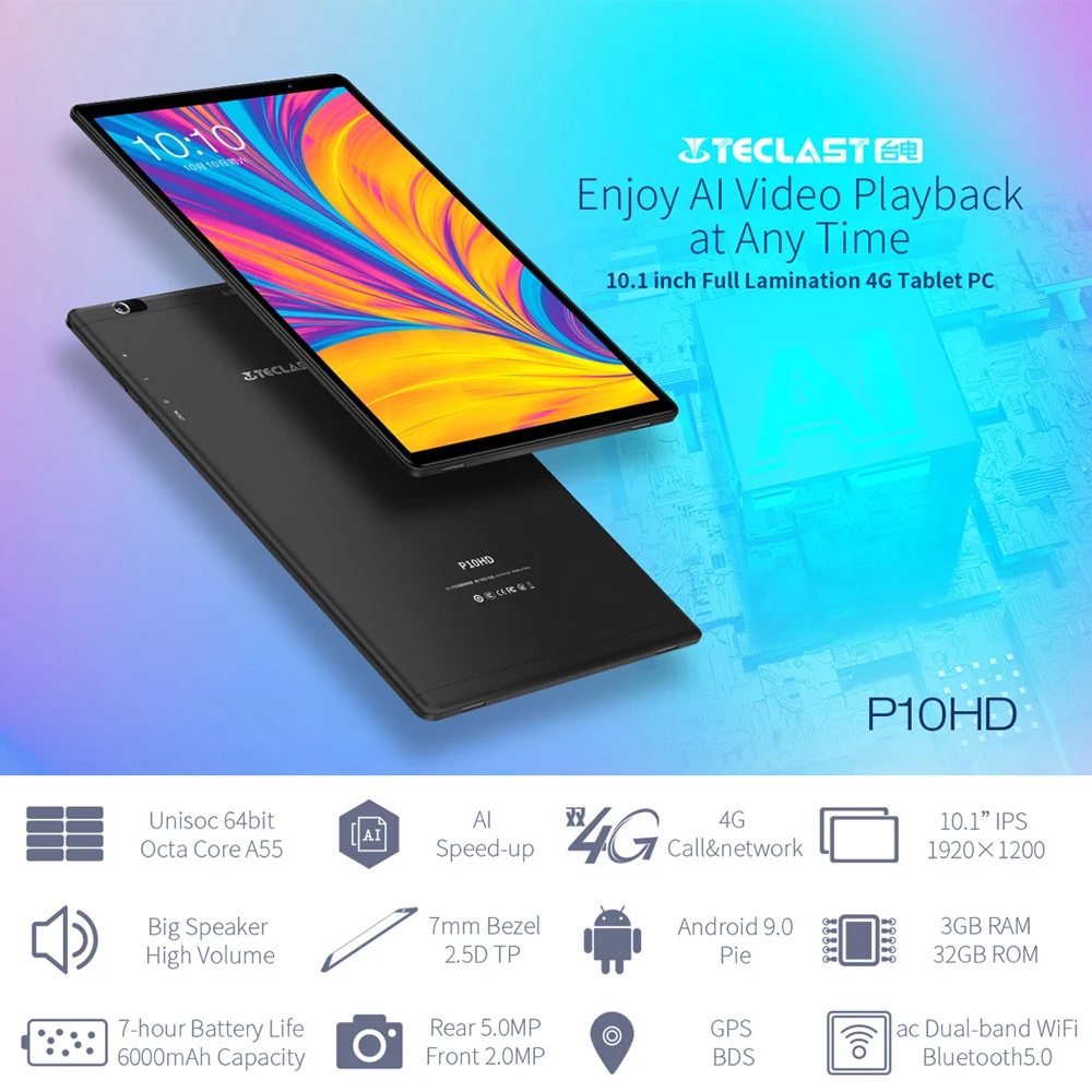 Newst Teclast P10HD планшеты 10," Android 9,0 планшетный ПК 1920x1200 SC9863A Восьмиядерный 3 ГБ ОЗУ 32 Гб ПЗУ 4G сеть AI скорость