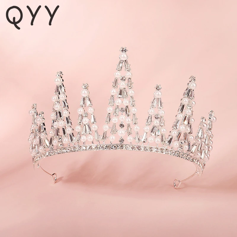 

QYY Свадебные украшения для волос кристалл Корона для волос серебряный цвет жемчужные тиары и короны для женщин аксессуары для волос подарки