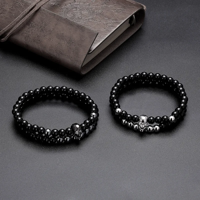 

New 2pcs / set micro copper skull alloy 6mm bright stone elastic couple bracelet for men and women friend Jewelry gift Brazale