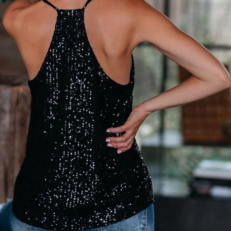 Футболка без рукавов с блестками Цвет черный серебристый Модная летняя Новинка