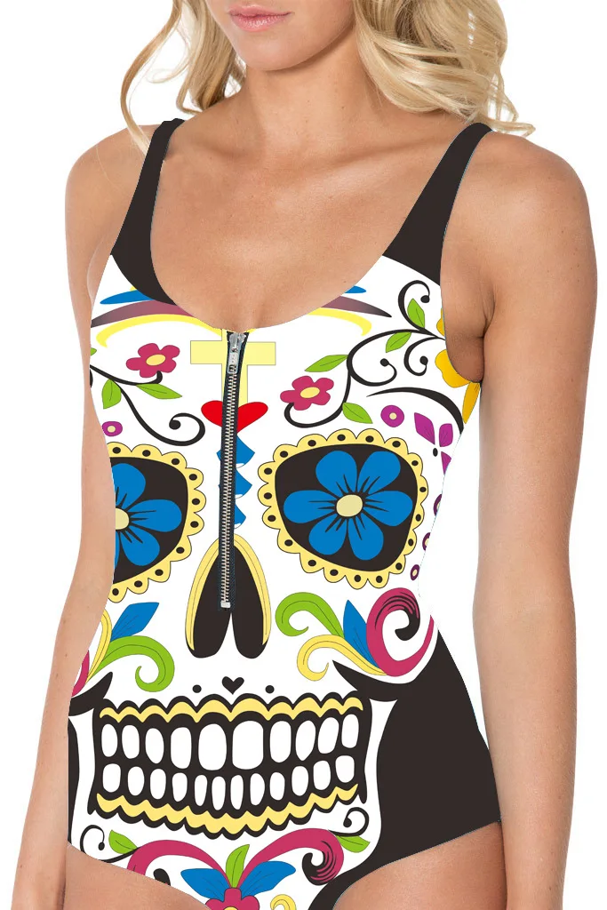 Слитный купальник на молнии с рисунком черепа в стиле ретро |