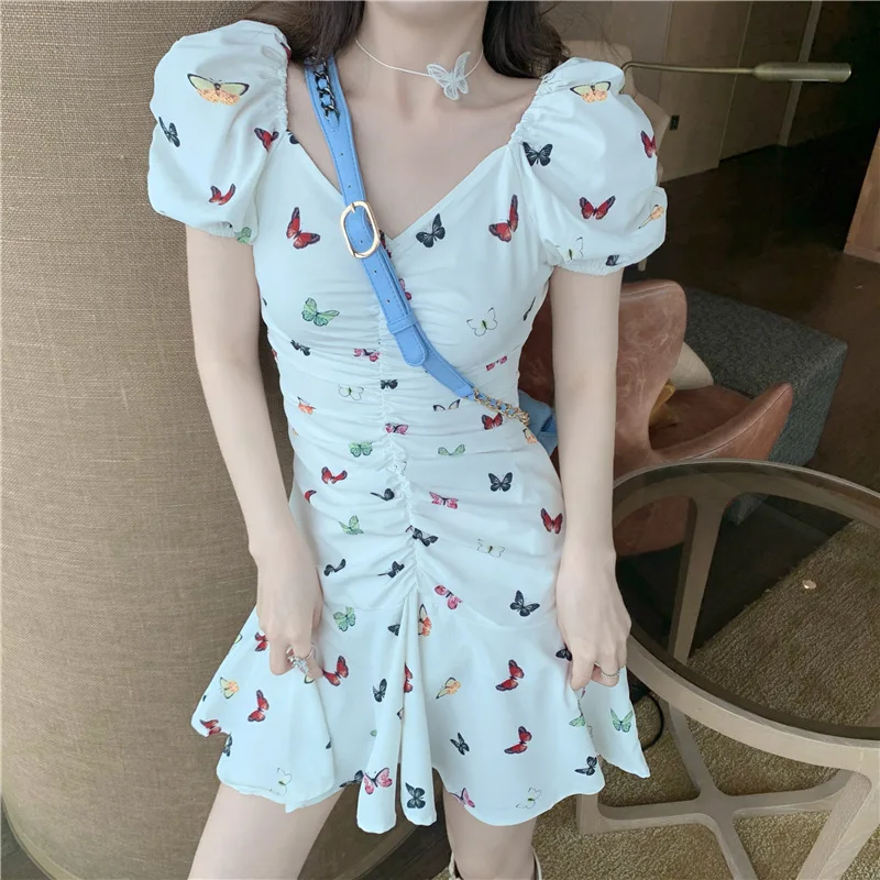

Summer New Purple Butterfly Printing Girls V-Neck Pleated Puff Sleeves Thin Slim Fashion Sexy Comfortable Students Dress Women