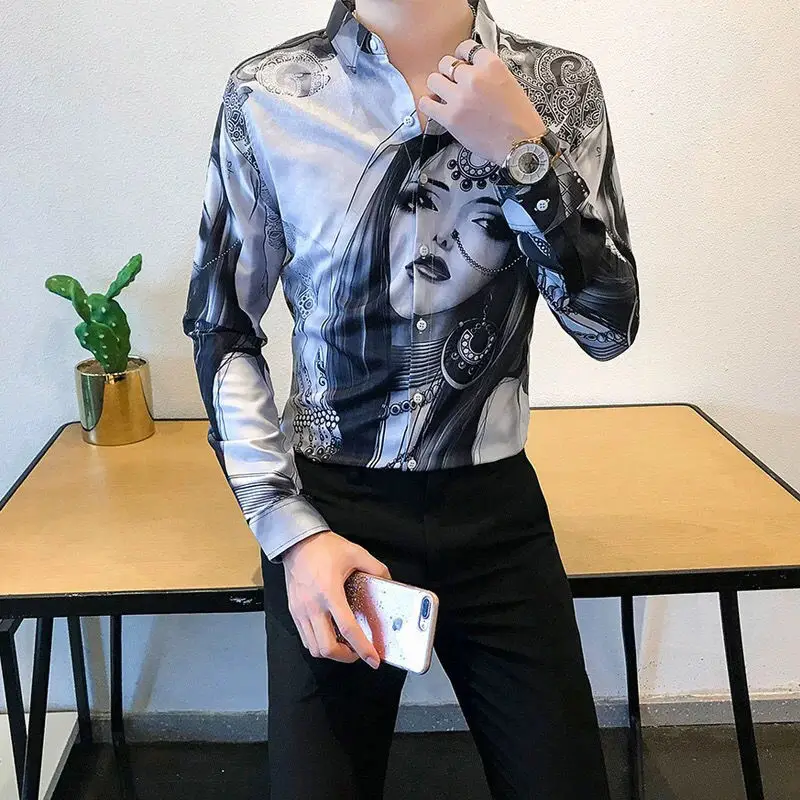 Men's long-sleeved shirts, button-down collar shirts, casual printed beauties pattern tops  mens fashion clothing trends shirts
