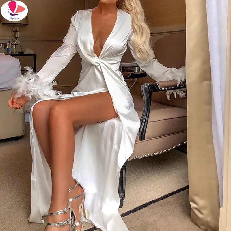 

White Dresses Party Sexy Deep V Neck High Waist Slit Bodycon Ruffles Backless Event Occassion Women Celebrate Evening Night Robe