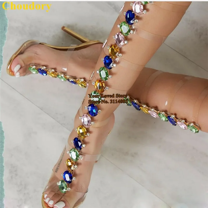 Женские сапоги на золотом каблуке Choudory блестящие до колена с драгоценными