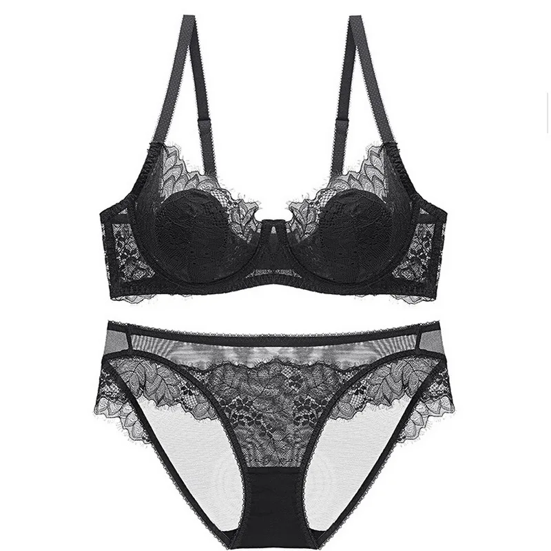

New Large Size Sexy Ultra Thin Transparent Bra and Panties Set Floral Lace Underwear Women Comfortable Multicolor Brassieres