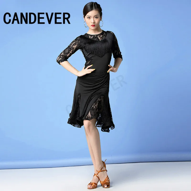 2020 new adult Modern Ballroom Latin Dance Dress lace top skirts tassel Fringe Salsa Tango Wear Performance Stage | Тематическая