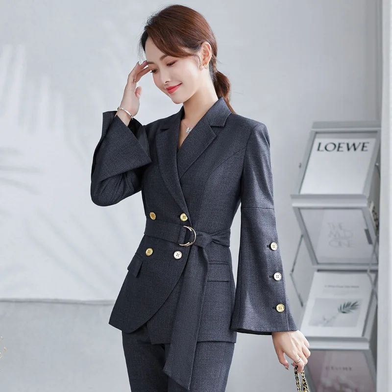 

New Korean Grey Flare Sleeve Slim Business Blazer + Pant 2 Two Piece Set Women Office Lady Notched Jacket Trousers Suits Belted