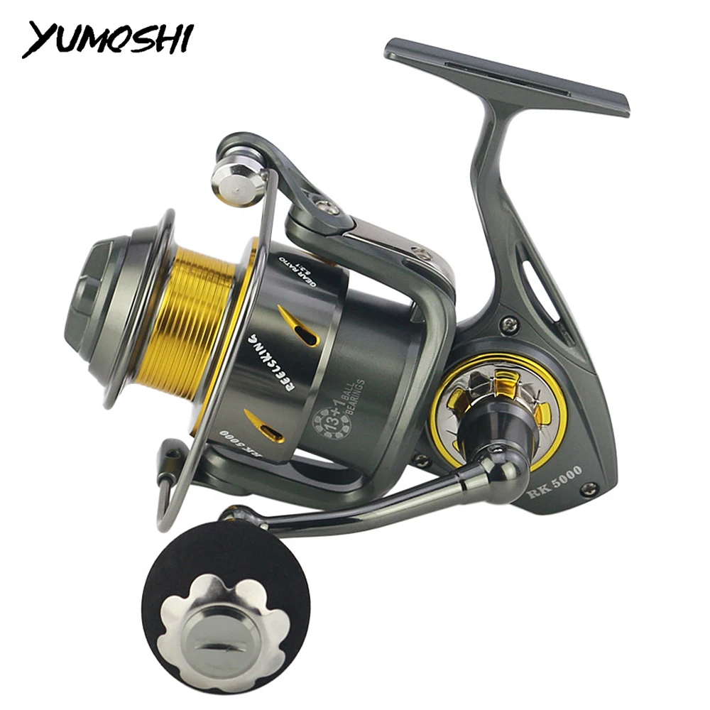 

YUMOSHI Metal Spool Spinning Reels Saltwater Carp Fishing Reel 13+1BB 5.3:1 Coil Fishing Accessories Sea Stainless Steel Handle