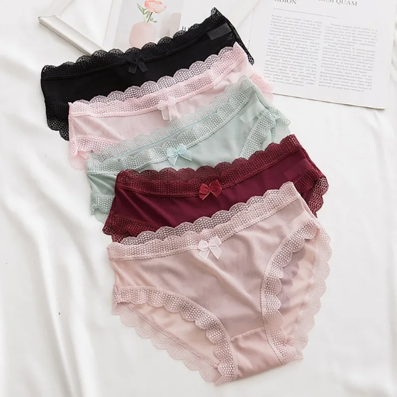 

Women Panties Sexy Solid Color Lace Gauze Bowknot Trim Briefs Comfortable Breathable Low Waist Seamless Panties For Women