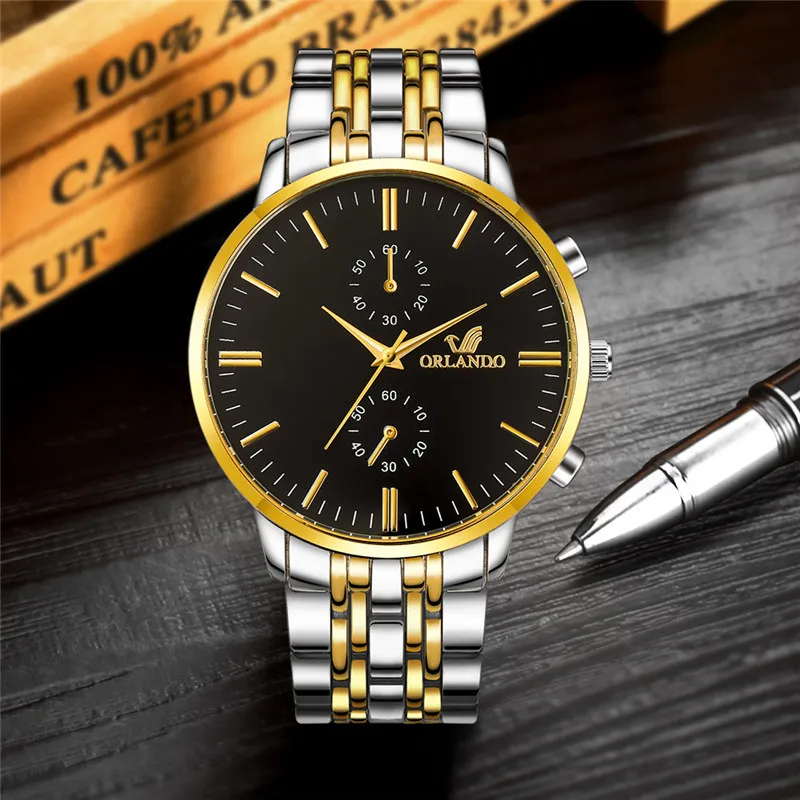 

Men Watches New ORLANDO Fashion Quartz Watch Men's Silver Gold Plated Stainless Steel Wristwatch Masculino Relogio Drop Shipping