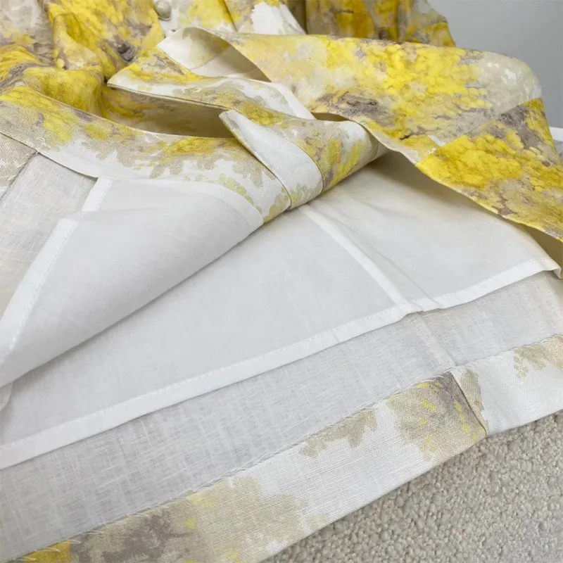 

2021 Summer Fashion Women High Quality Linen Single Breasted Puff Sleeve Yellow Flower Print Mini Dresses