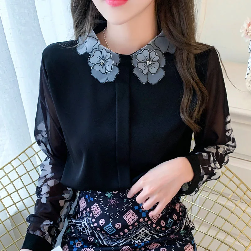 

Женская шифоновая блузка с вышивкой, элегантная белая блузка с длинным рукавом и цветочным принтом, черного и белого цвета, модель 2021 на осень, 1320