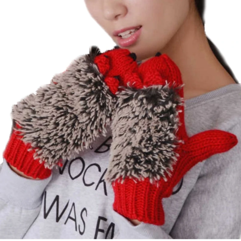 

Women's Winter Thicken Warm Cute Cartoon Hedgehog Gloves Knit Crochet Mittens